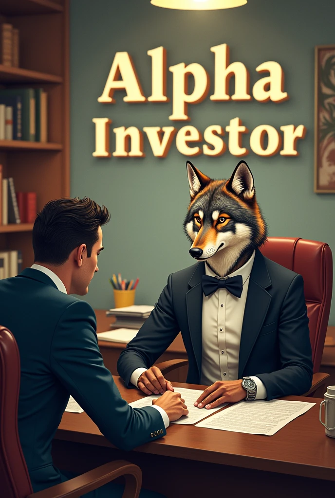Banner 16:9 of a wolf in a suit and bow tie closing a deal with an executive with the words 'Alpha Investor' in the background, Digital illustration, inspired by Al Hirschfeld, Deviant Art, Detailed, vintage, Office lighting