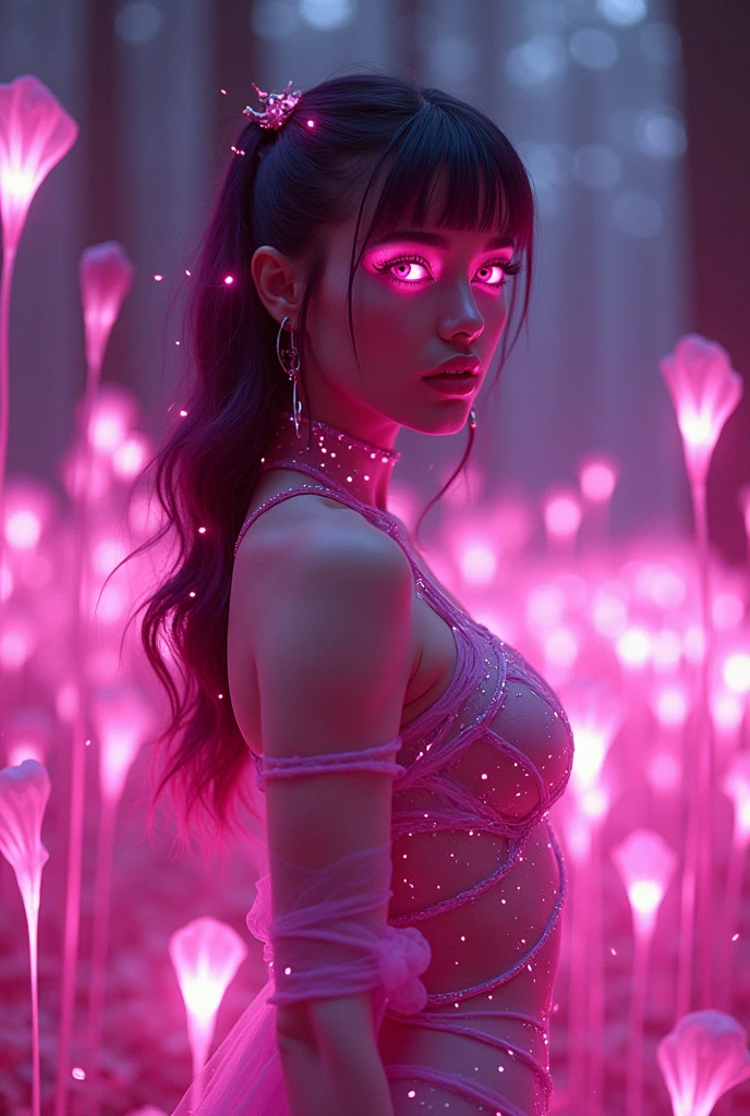 A futuristic, otherworldly woman with luminous, neon magenta features, her form partially draped in delicate, translucent fabric that clings to her curves. Her eyes and hair emit a seductive magenta glow, blending seamlessly with the surrounding environment. The scene is set in an enchanted digital forest, where holographic plants and flowers pulse with a soft, ethereal magenta light. Her skin is slightly reflective, with shimmering patterns that mimic the constellations, hinting at her enigmatic nature. She moves gracefully among the glowing flora, her expression both alluring and mysterious, embodying the essence of a cybernetic enchantress in a surreal, neon-lit landscape."