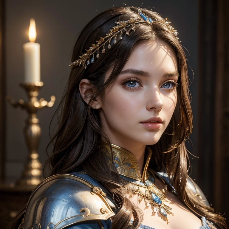 (​masterpiece, best quality:1.5), highest quality, High resolution, super detailed, Realists, Full body photo of a 22 year old brunette knight woman, detailed and beautiful eyes, beautiful detailed lips, very detailed eyes and face, longeyelashes, 22-year-old knight&#39;s wife in noble golden armor, Edle Details im Metal. Beautiful and colorful makeup, Instructions for bow and arrow, Gardens as background, soft daylight, bright colors, fine brushstrokes, Portrait style, beautiful color palette, glowing skin, First-class rendering, that captures every detail, enchanting atmosphere, subtle shadows and lights, (perfect anatomy:1.2), (The stunning knight woman holds a sword in her hands.  (magnificent panorama view:1.2)