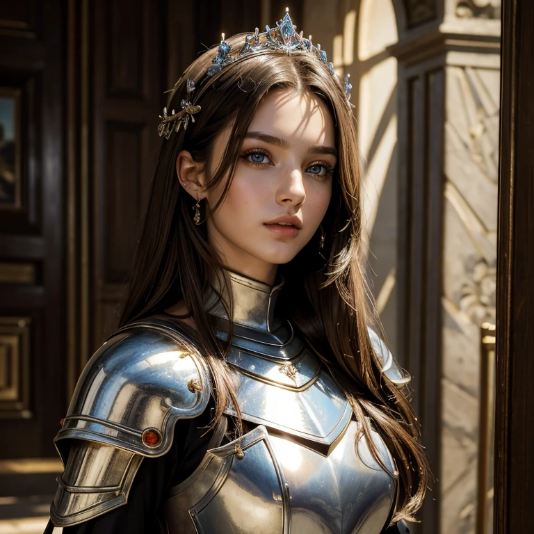 (masterpiece, best quality:1.5), highest quality, High resolution, super detailed, Realists, Full body photo of a 22 year old brunette knight woman, detailed and beautiful eyes, beautiful detailed lips, very detailed eyes and face, longeyelashes, 22-year-old knight's wife in noble golden armor, Edle Details im Metal. Beautiful and colorful makeup, Instructions for bow and arrow, Gardens as background, soft daylight, bright colors, fine brushstrokes, Portrait style, beautiful color palette, glowing skin, First-class rendering, that captures every detail, enchanting atmosphere, subtle shadows and lights, (perfect anatomy:1.2), (The stunning knight woman holds a sword in her hands. (magnificent panorama view:1.2)