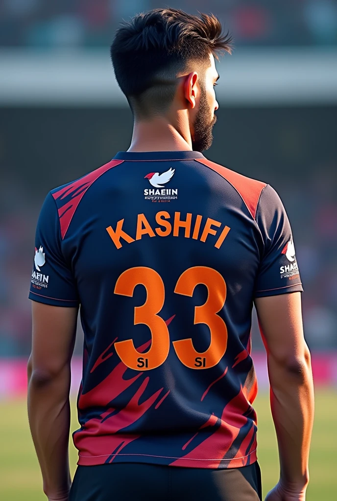 a cricket t shirt fully selves Team name “shaheen 11”Player Name “kashif”
No “333”and bird “shaheen”also printed on shirt