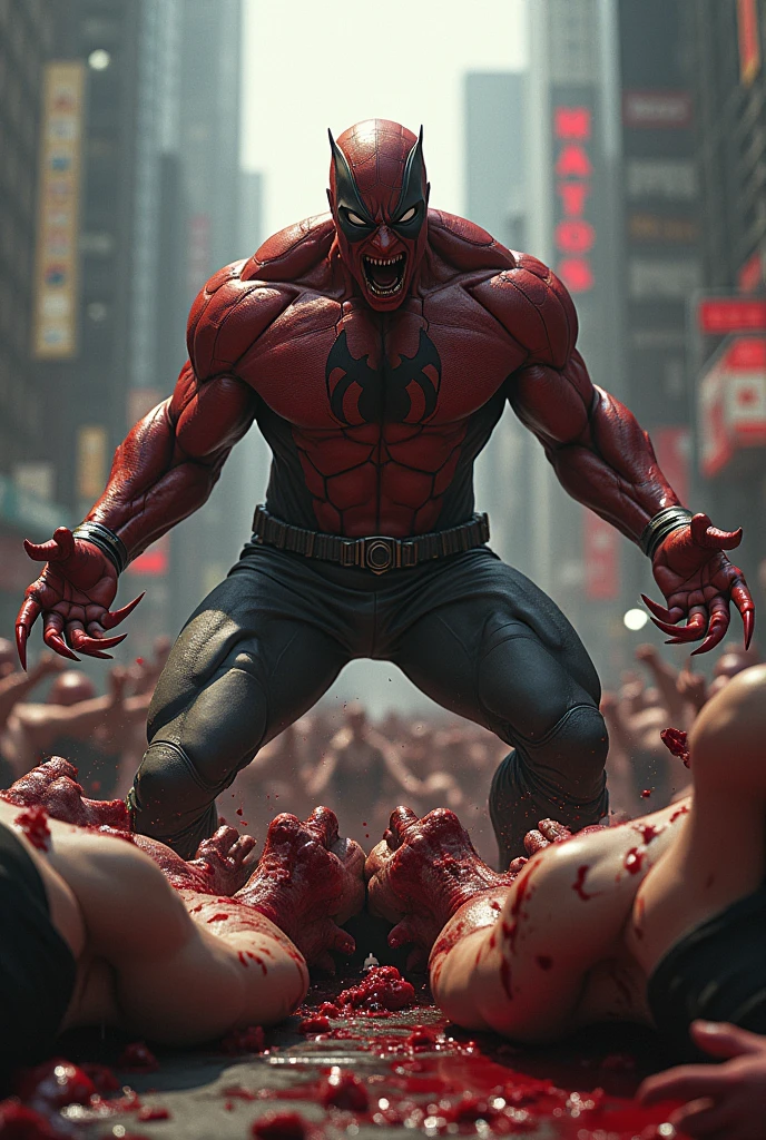 (photorealism:1.2), superhero massacring people with his sharp claws, blood and guts on the ground, people screaming in pain, realistic, city environment 