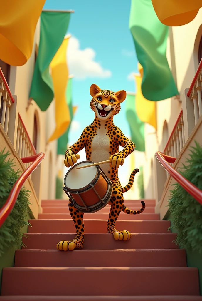 Yellow and green flags with a leopard playing a bass drum standing on some stairs