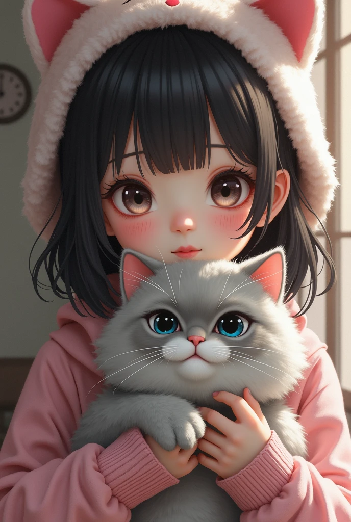 (photorealism:1.2), Beautiful Japanese woman with dark hair and eyes of the same color holding a cat., Dressed in kitty clothes, The cat must be grey and very furry., She must be white and loving..