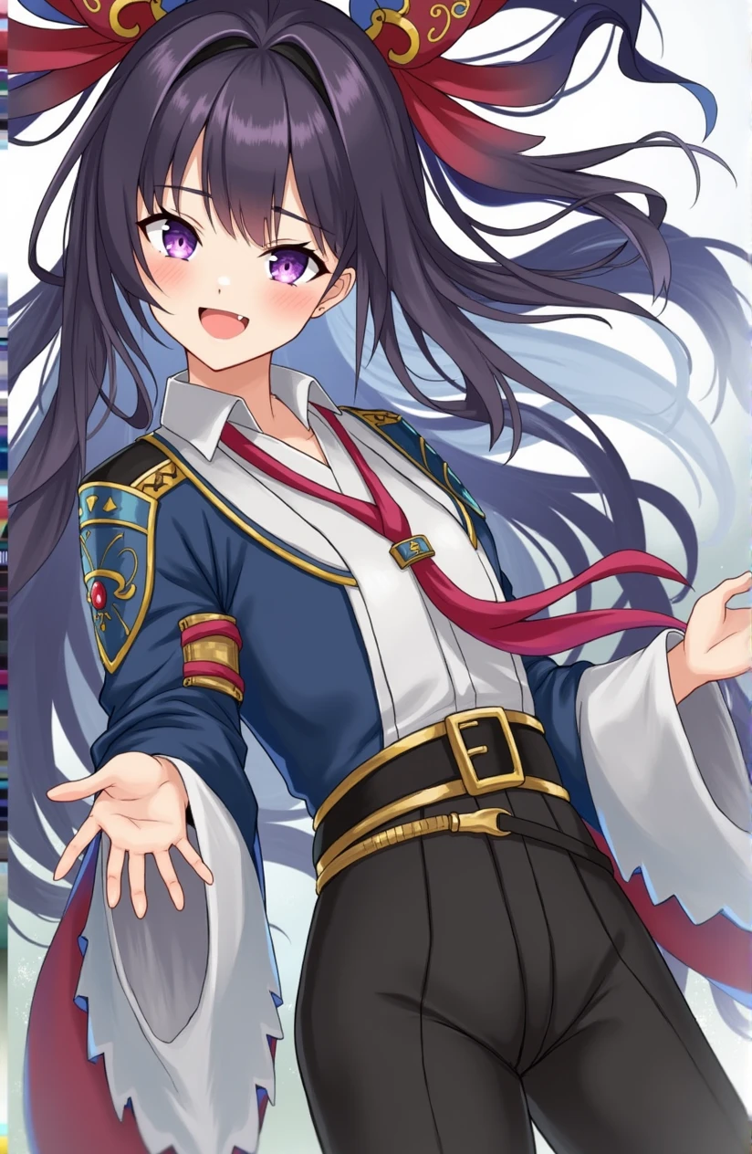 EFT_Shinobu, 1girl, kochou shinobu, demon slayer uniform, butterfly hair ornament, solo, hair ornament, weapon, sword, purple hair, multicolored hair, purple eyes, black hair, japanese clothes, gradient hair, haori, belt, katana, short hair, sheath, long sleeves, smiling, arms outstretched, open palms, fingers spread, warm expression, indoors, upper body, blurry background