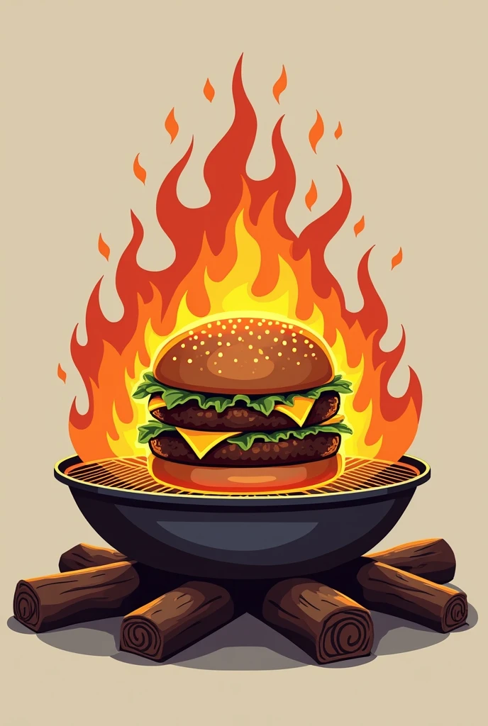 A logo being a bonfire with a grill and on top of the grill the embers and art as if it were a hamburger