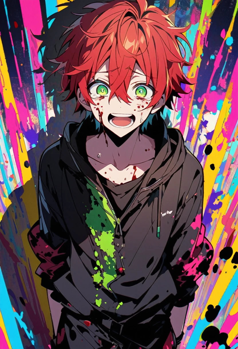 High resolution、Anime boy with red hair and green eyes looking at the camera.、bright Eyes、Wear black clothes、colorful background、my hair is messy、Shadow body、bleeding、blood splash、dying、Laugh、cry、crazed
