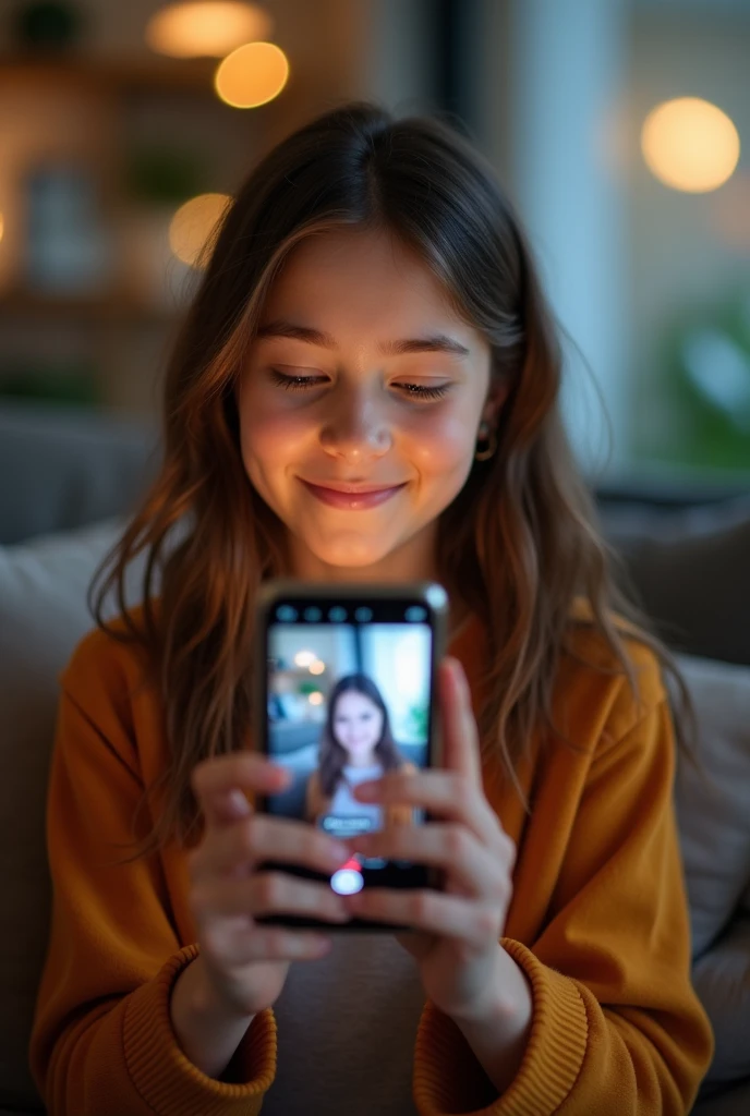 Image Description: A girl is holding a smartphone in her hand, and she is recording a video to create reals. The girl has a smile on her face, and she is looking at the screen intently. Behind is a room scene or open space, which may have some light decorations or nature scenes.