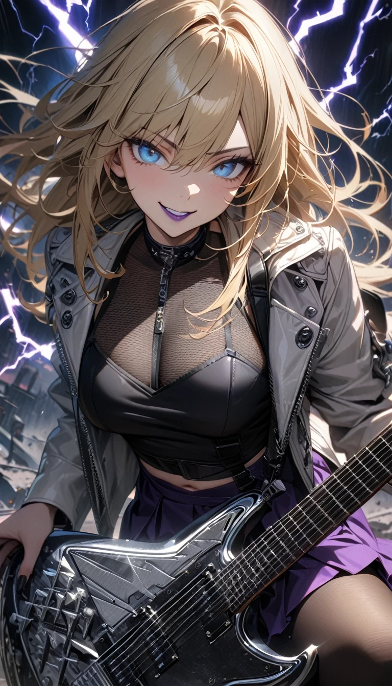 adult woman, long blonde hair, blue eyes, smile, purple lipstick, black tight top, white leather jacket, open belly, purple skirt, nylon tights, silver elements, heavy metal, guitar, lightning, Masterpiece, best quality, Full HD, 8k, ultra details, great graphic