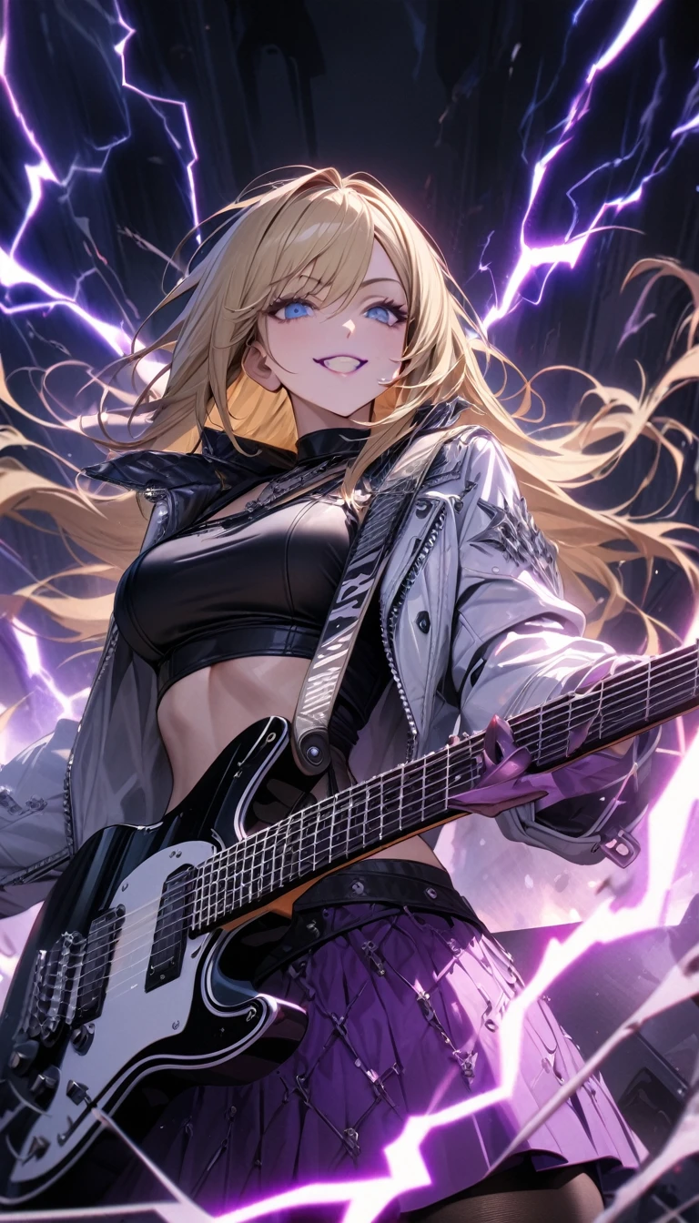 adult woman, long blonde hair, blue eyes, smile, purple lipstick, black tight top, white leather jacket, open belly, purple skirt, nylon tights, silver elements, heavy metal, guitar, lightning, Masterpiece, best quality, Full HD, 8k, ultra details, great graphic