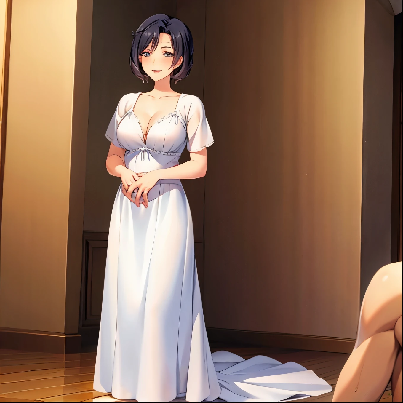 wedding dress, smiling, (small pregnant belly:0.8), standing