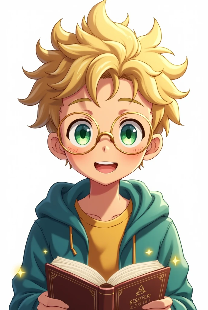 (simple background, white background:2.0), ((anime high resolution)), (a book about astrology:1.3), emphasizing the contrast between golden and blue, ((teenager boy, ((green jade eyes, ((blonde short curly messy hair, ((medium brown skin, ((sweet smile, ((gentle freckles on the nose, ((Golden glasses, 