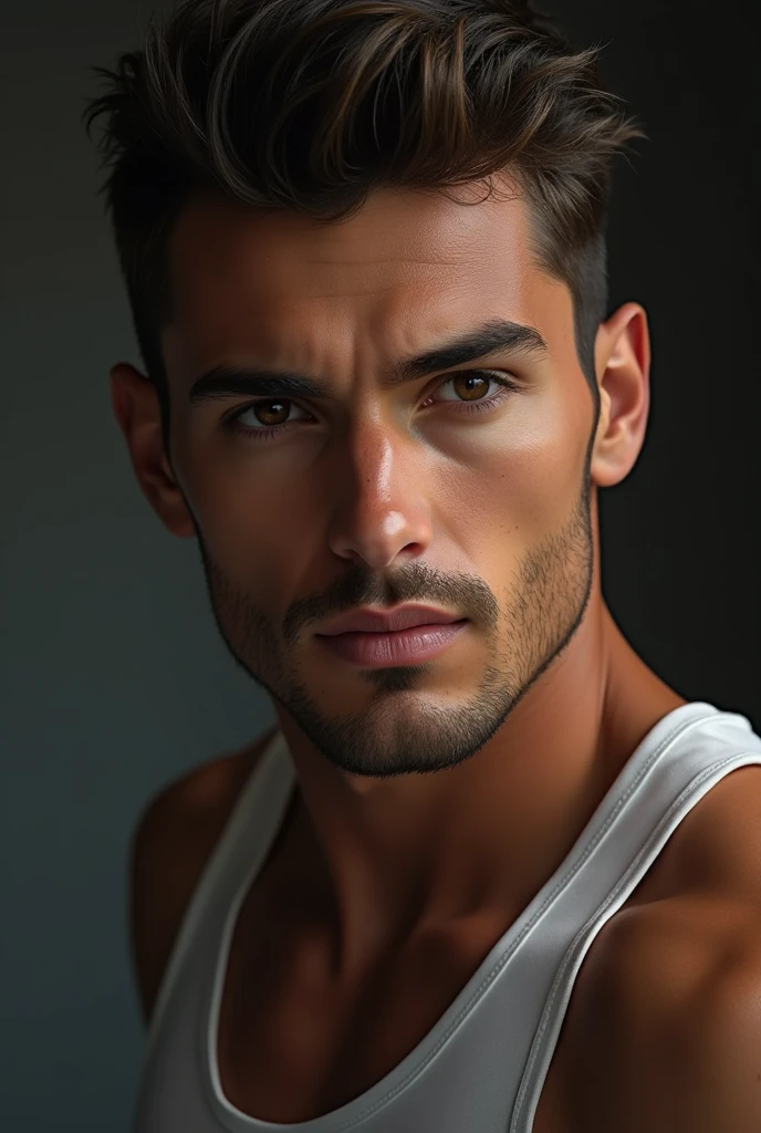 handsome man, 1 person, beautiful detailed eyes, beautiful detailed lips, extremely detailed eyes and face, long eyelashes, sharp facial features, chiseled jawline, muscular, slender body, (Best quality,4K,8 K,a high resolution,masterpiece:1.2),ultra detailed,(realistic,photorealistic,photo-realistic:1.37), cinematic lighting, Dramatic shadows, bright colors, Digital art, conceptual art, hyperrealistic, very detailed portrait