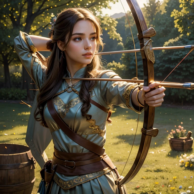 (​masterpiece, best quality:1.5), highest quality, High resolution, super detailed, Realists, Full body photo of a brunette archer, detailed and beautiful eyes, beautiful detailed lips, very detailed eyes and face, longeyelashes, Archer in noble silver dress, Edle Details im Metal. Beautiful and colorful makeup, Instructions for bow and arrow, Gardens as background, soft daylight, bright colors, fine brushstrokes, Portrait style, beautiful color palette, glowing skin, First-class rendering, that captures every detail, enchanting atmosphere, subtle shadows and lights, (perfect anatomy:1.2), (The stunning young archer with bow and arrow.  (magnificent panorama view:1.2)