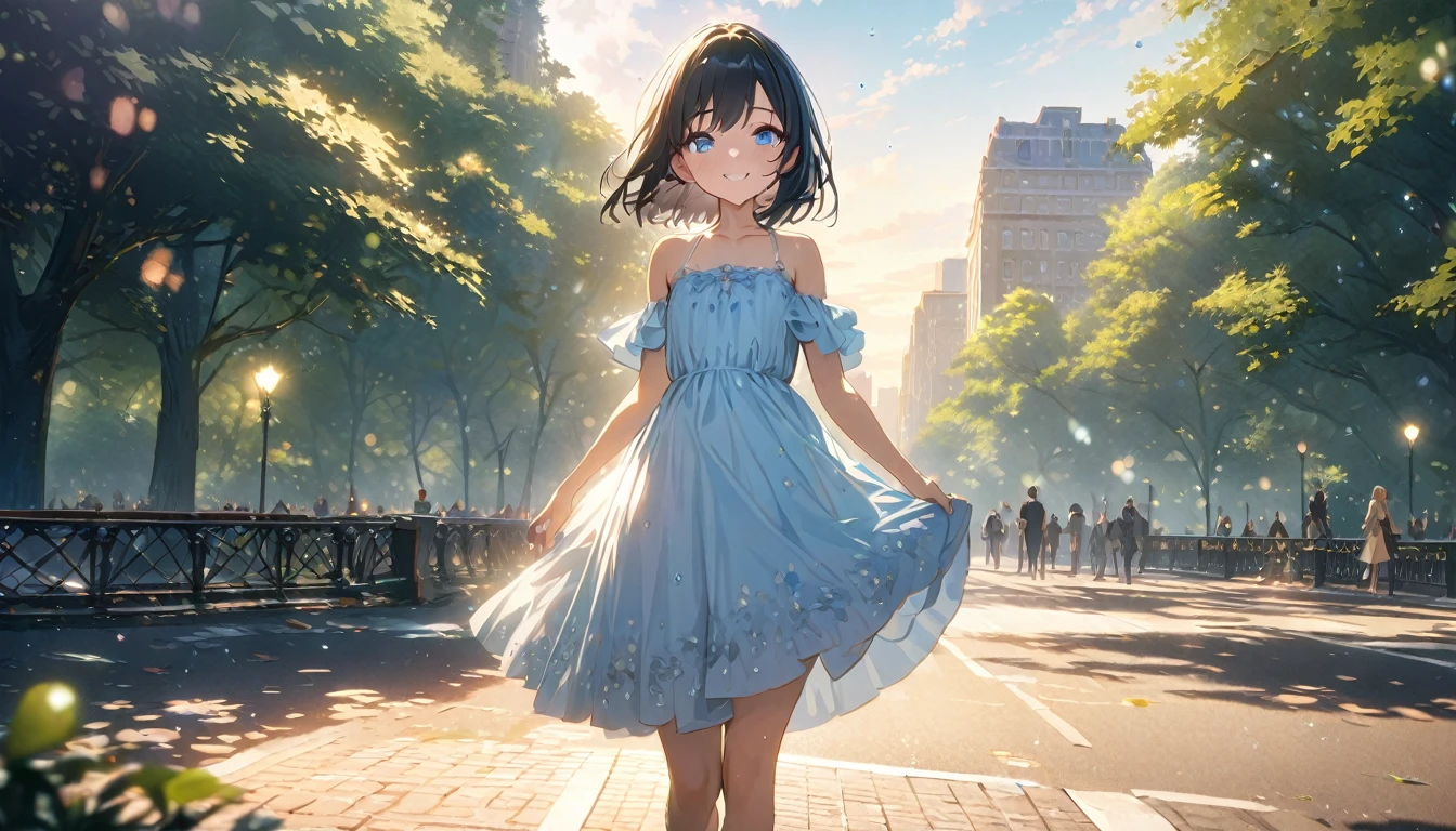 ((ultra-detailed))/ (one women with short black hair and bob hair.、beautiful blue eyes,.、smile、gentle smile on her face、flat chest, one Beautiful girl,((masterpiece, illustration, best quality) ((ultra-detailed))/), walking around central park, wearing a  dress,濃い青とBeautiful Blueのグラデーション, High resolution, 8K HD detail, hyper-detail, cinematic, surrealism, soft light, deep field focus bokeh, ray tracing and surrealism. --v6