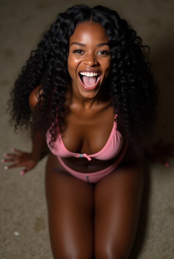 female black teen, mouth very wide open and smiling, eyes wide open in a crazed look, long hair, wearing pink lingerie, extreme skin detail, ultra realistic, 8k, wallpaper, kneeling on floor, viewed from above