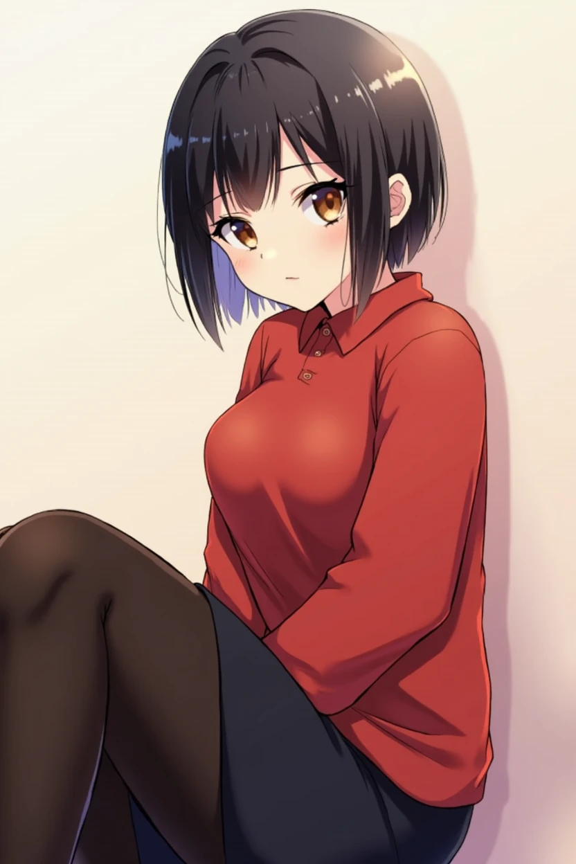 masterpiece:1.2, best quality, ((ultra detailed)), high resolution, 2d, anime style , photo, photography, detailed background, (1boy,otoko no ko, feminine),cute face,short hair,(black hair),medium chest, BREAK solo,(droopy eyes:1.3),21 years old,((brown eyes;1.2 )), beautiful thighs,embarrassed,shy, BREAK cowboy shot,sitting,wariza,oversized red shirt,black pantyhose,long skirt BREAK pastel colors:1.4, solid paint:1.2, saturated color, contour