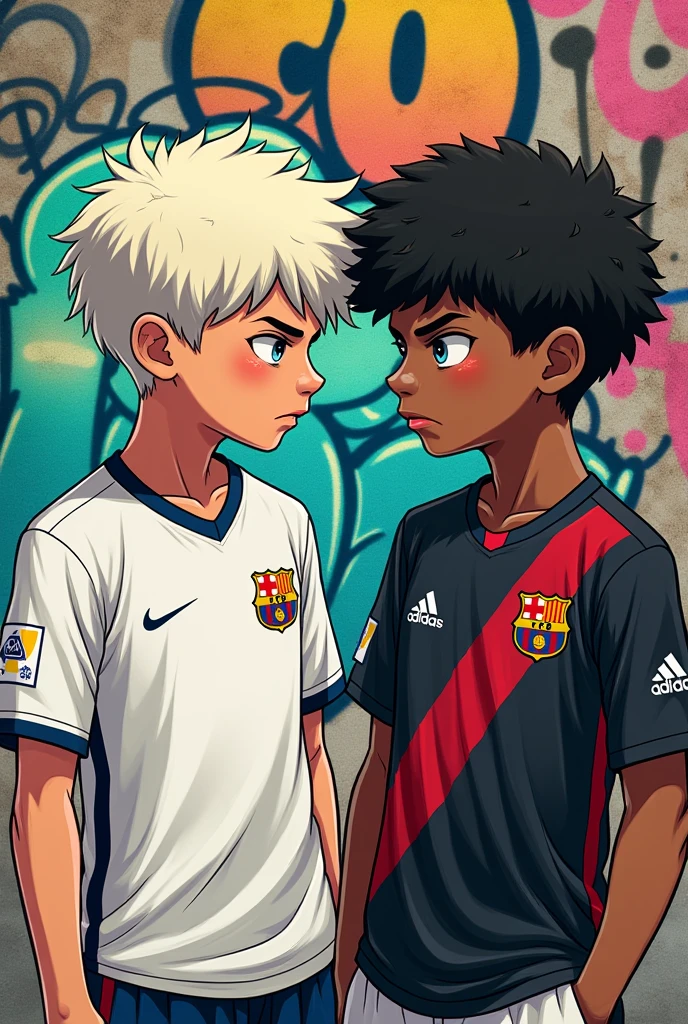 2 boys with short hair, one white and the other black, curly hair, wearing white Nike Barcelona clothes and the other wearing black Adidas Flamengo clothes, a bad face, I live in graffiti with a drawing behind the boys "rappers drawing style"
