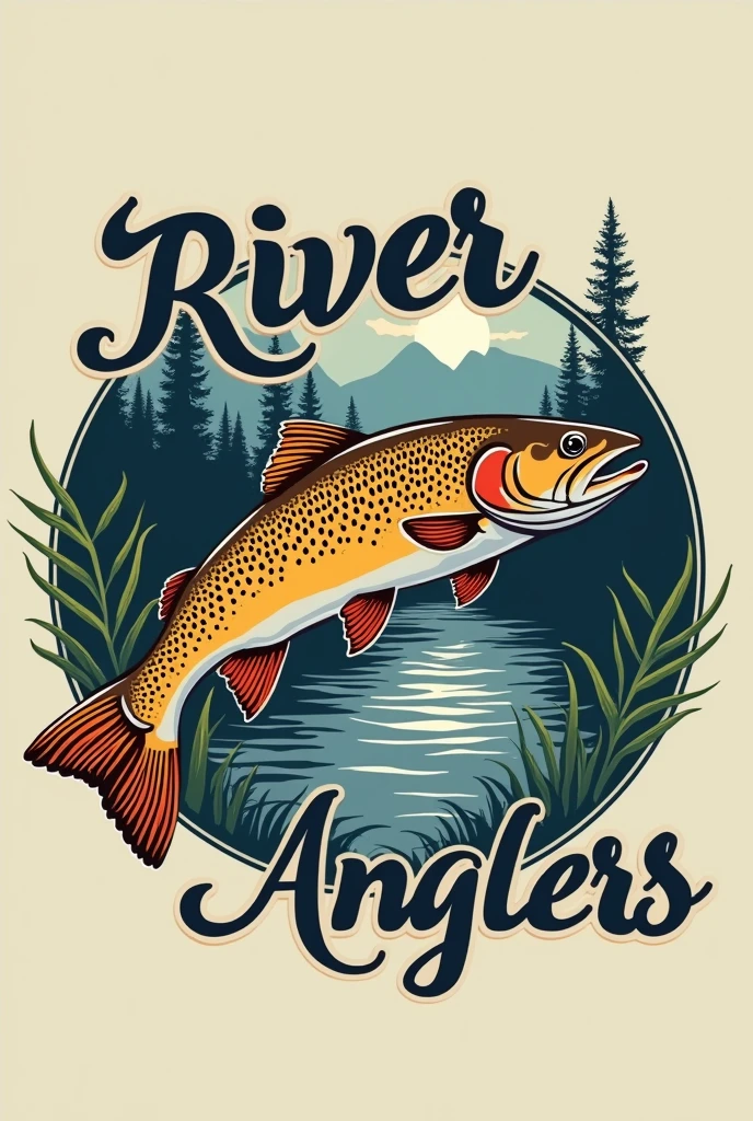 I need a logo without colors where the name River Anglers appears and a beautiful brown trout crossing the name