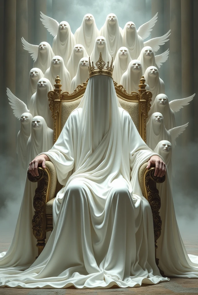 Man sitting on a throne with a veil covering his face, a crown on the head and a white tunic that reaches 2 meters from the ground with many seraphim flying around