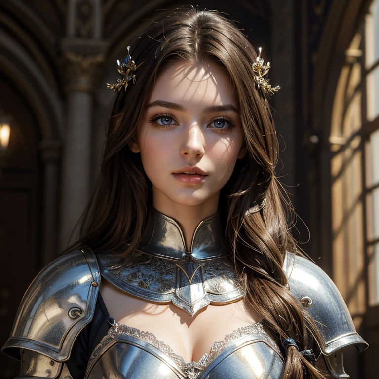 (masterpiece, best quality:1.5), highest quality, High resolution, super detailed, Realists, Full body photo of a 22 year old brunette knight woman, detailed and beautiful eyes, beautiful detailed lips, very detailed eyes and face, longeyelashes, Knight's wife in noble golden armor dress, Edle Details im Metal. Beautiful and colorful makeup, Instructions for bow and arrow, Gardens as background, soft daylight, bright colors, fine brushstrokes, Portrait style, beautiful color palette, glowing skin, First-class rendering, that captures every detail, enchanting atmosphere, subtle shadows and lights, (perfect anatomy:1.2), (The stunning knight woman holds a sword in her hands. (magnificent panorama view:1.2)