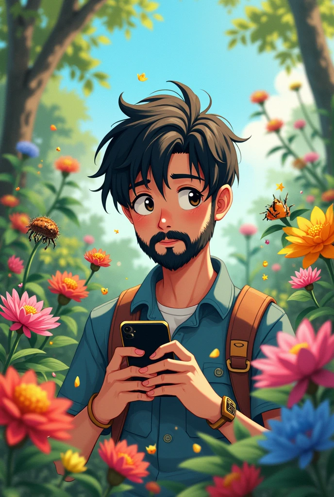 A french cut beard anime boy taking photos of bugs in nature by mobile.and there is lots of multicoloured flowers around him