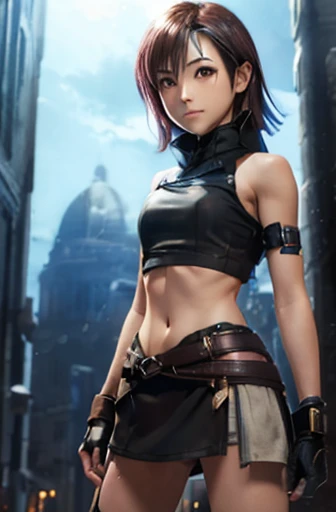 A happy young Yuffie Kisaragi as a female ninja in a fantasy setting. A rogue. Tomboyish. Slim body. Very . Very small breasts. Narrow hips. Slender legs. Face: Soft narrow face with a round chin. Soft small jaw. Very thin eyebrows. big dark-brown eyes. Dark-brown eyecolour. Very short dark-brown hair. Pink rogue armor (bare arms, bare shoulders, bare legs). Background:  In a capital city at night with beautiful light and dark contrast. 