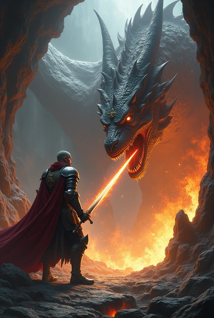 Knight fighting a dragon in a dark cave, dramatic chiaroscuro, ultra-detailed, realistic, high resolution, sharp focus, vivid colors, royal delight, horror