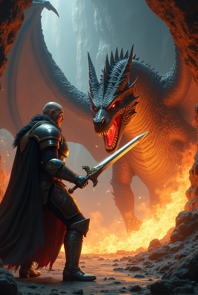 Knight fighting a dragon in a dark cave, dramatic chiaroscuro, ultra-detailed, realistic, high resolution, sharp focus, vivid colors, royal delight, horror