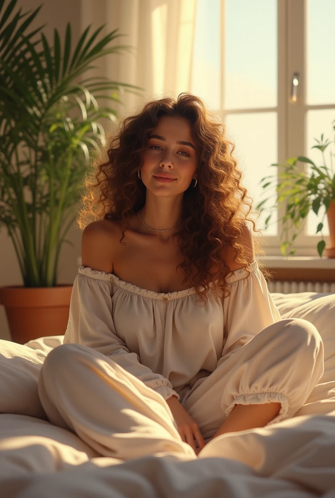 (photorealism:1.2), beautiful woman, sitting on bed, wearing loose off-shoulder top, pajama pants, long curly hair, indoors, soft lighting, plants in background, window with sunlight, cozy room, relaxed pose, realistic, intricate details, warm colors, by Greg Rutkowski, by Alphonse Mucha
