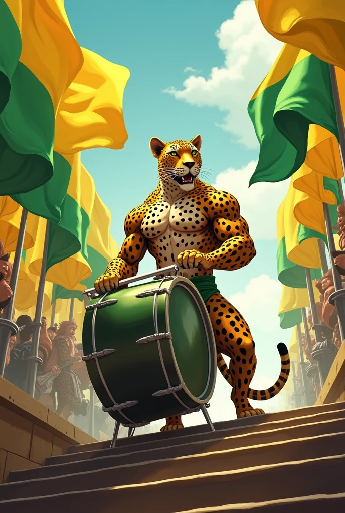 Yellow and green flags with a muscular leopard playing a bass drum standing on some stairs