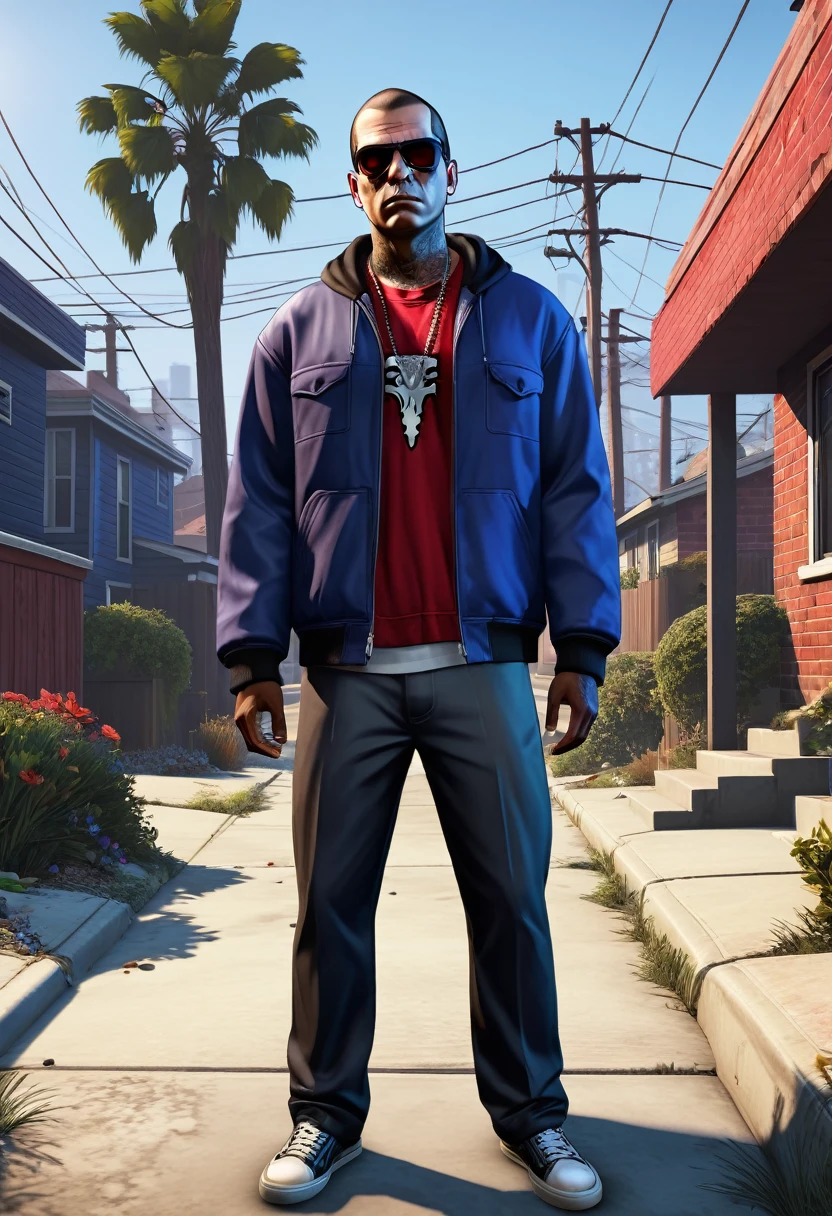 the God of the undead as a young criminal from GTA V,displaying his own power. ((resurrection,unnatural, parasite of life,cold,soulles)),((black,indigo,red)),(( Full figure wiew)). ((Three quarter wiew)).((deep wiew)),modern suburbs scenario background,photographic,ultra high resolution,hyperdetailed, masterpiece, 3d modelling, digital art.