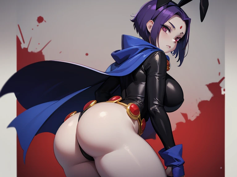 Anime_woman, raven_(dc), short_hair, colored_skin, grey_skin, forehead_jewel, leotard, cape, belt, thighs, large_, black_leotard, highleg_leotard, highleg, hood, long_sleeves, white_skin, seductive_body_shape, bunny_suit, bunny_girl, butt_sahind, from_behind, ice_fingers, licking_her_hand, blood_in_hand, big_boobs, big_