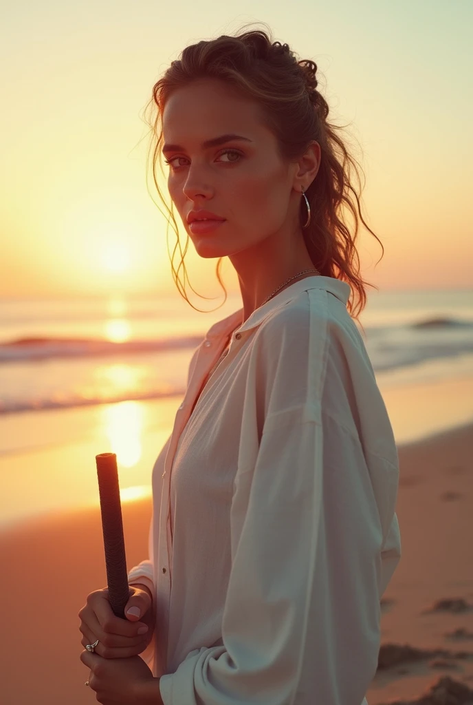((masterpiece, highest quality, Highest image quality, High resolution, photorealestic, RAW-Foto, 8k)), (Full body shot:1) photorealestic image of a woman, millie bobby brown as a jedi with a lightsword, Ultrarealistic, fotografia, woman, 24 years old, ultra realist, Meticulously detailed, Natural make-up, look directly into the camera, Face with Artgram, Low waist skinny jeans, Loose-fitting, extra enge Jeans, (White linen blouse:1.5), subtle make-up, stunning Full body shot standing, in the beach, Sunset light, medium to large bust, Shot with Kodak Gold 400