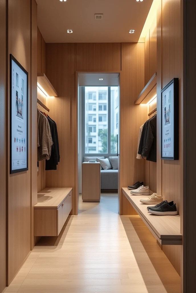 Design a small fitting room with a smart display mounted on the wall or integrated into the furniture. The screen should show options to request sizes or colors without leaving the fitting room., Offer product recommendations based on preferences, and allow you to see clothing combinations. The fitting room should have a modern and comfortable environment, with a clean design that integrates the screens in a functional and aesthetically pleasing way. small shop changing room small personal changing room
