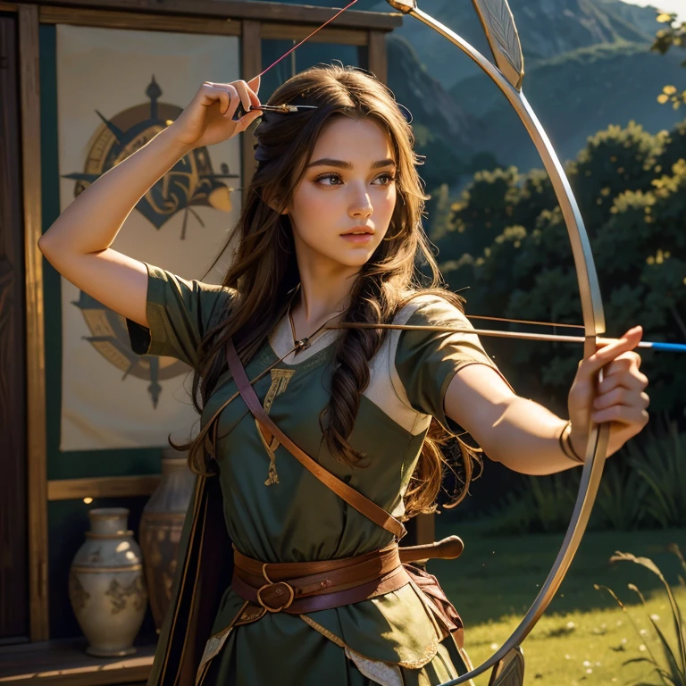 (​masterpiece, best quality:1.5), highest quality, High resolution, super detailed, Realists, Full body photo of a brunette archer, detailed and beautiful eyes, beautiful detailed lips, very detailed eyes and face, longeyelashes, Archer in elegant satin dress, Elegant details in the fabric. Beautiful and colorful makeup, Instructions for bow and arrow, Gardens as background, soft daylight, bright colors, fine brushstrokes, Portrait style, beautiful color palette, glowing skin, First-class rendering, that captures every detail, enchanting atmosphere, subtle shadows and lights, (perfect anatomy:1.2), (The stunning young archer with bow and arrow.  (magnificent panorama view:1.2)