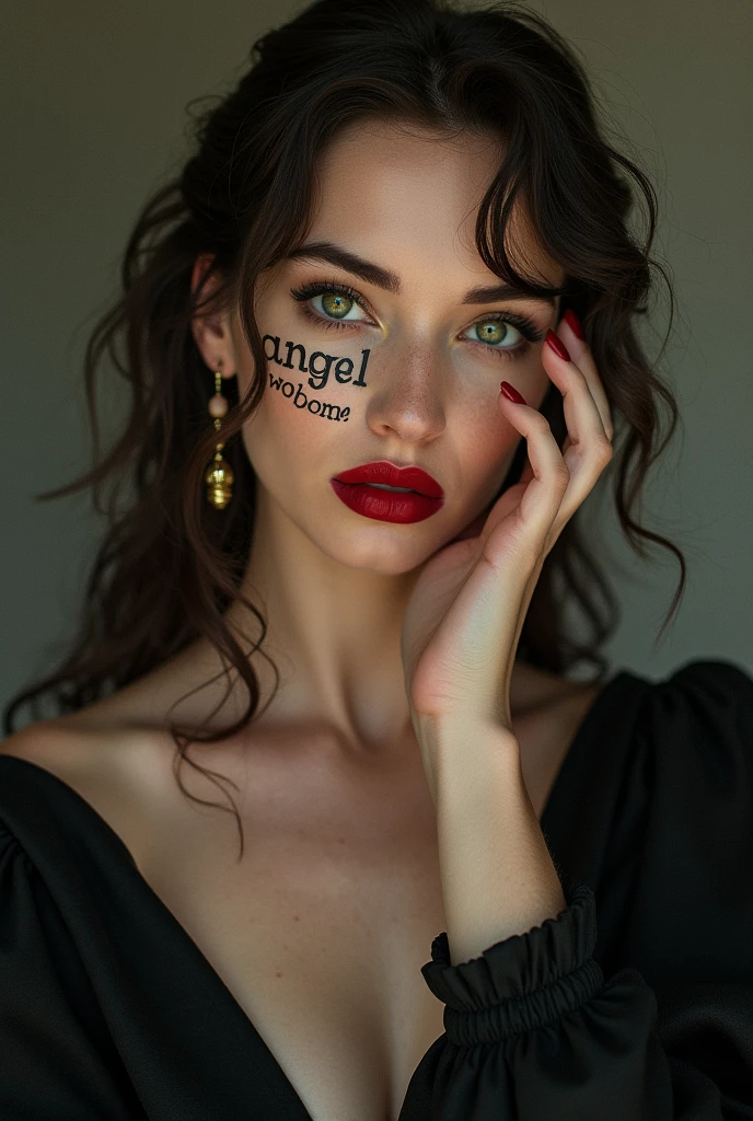 Eileen Galvin in red lipstick, make-up, greeneyes, hand on face, nails painted red, written angel of women on the face