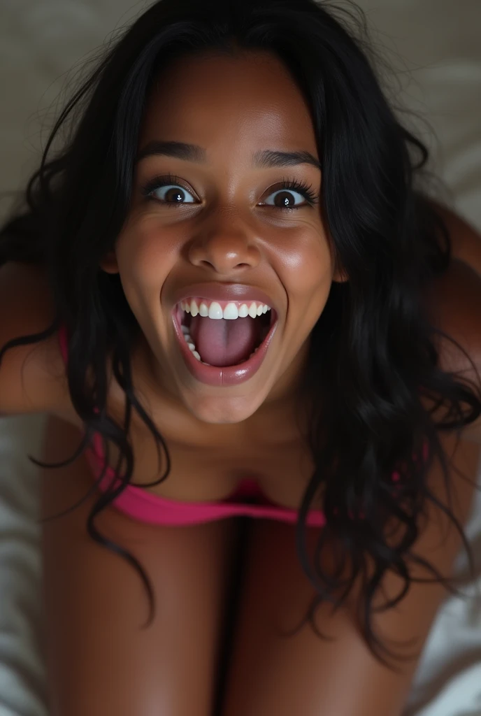 female black teen, mouth very wide open and smiling, eyes wide open in a crazed look, long hair, wearing pink lingerie, extreme skin detail, ultra realistic, 8k, wallpaper, kneeling on floor, viewed from above