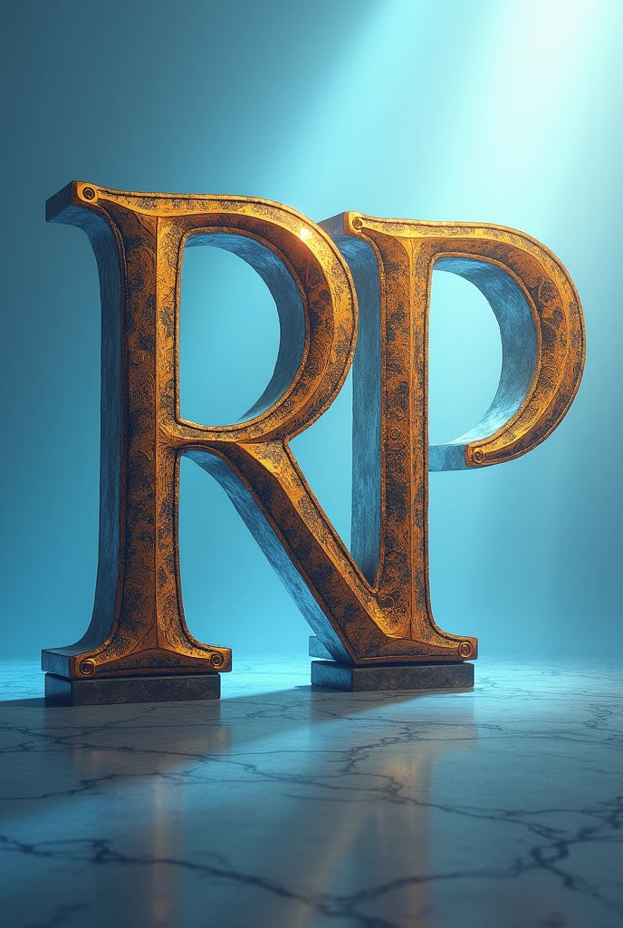 Make a 700 x 700 image with a light blue setting and the letters RP centered and large with legendary lettering, do it like an advertising poster