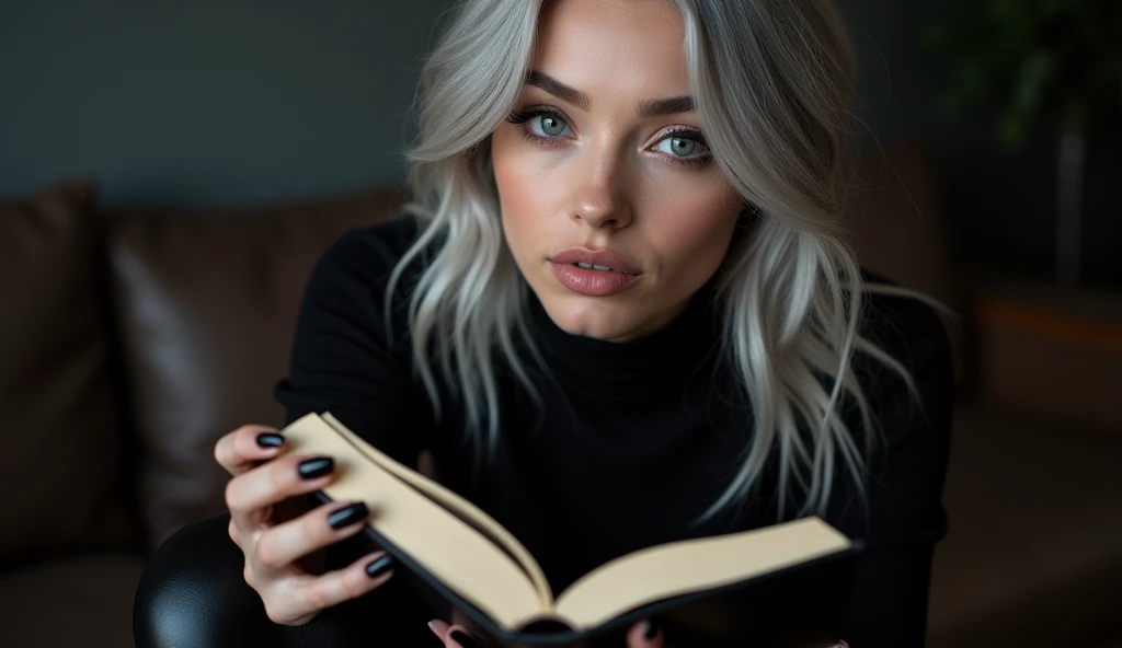 Beautiful white skinned girl, light gray hair, with bright shiny eyes, Shiny skin, Beautiful black manicure, Beautiful nails, Pearl skin, wearing black knitted top and black leather pants, Beautiful detailed fingers, professional photo, 4K, high resolution, high detail, aesthetically pleasing, Beautiful, realistic, looking straight ahead, beautiful long nails, holding a book in the background of a dark living room.