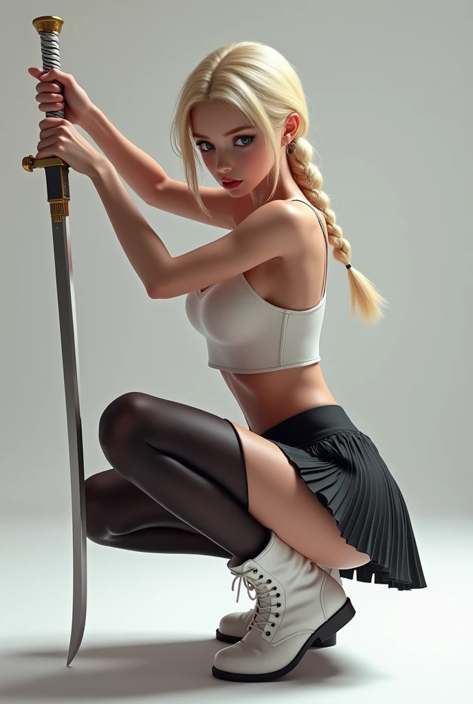 masterpiece, Best Quality, Super rendering, Super realistic, high detail face, Clean and delicate face, whole body, Crouch down and brandish a long sword., Anatomically correct grip on the sword, Unique braided blonde ponytail, split bangs, Forehead, She was wearing a camisole and a pleated miniskirt.., naked ass, open legs, sleeveless, black pantyhose, white short boots, looking at the viewer, simple color background