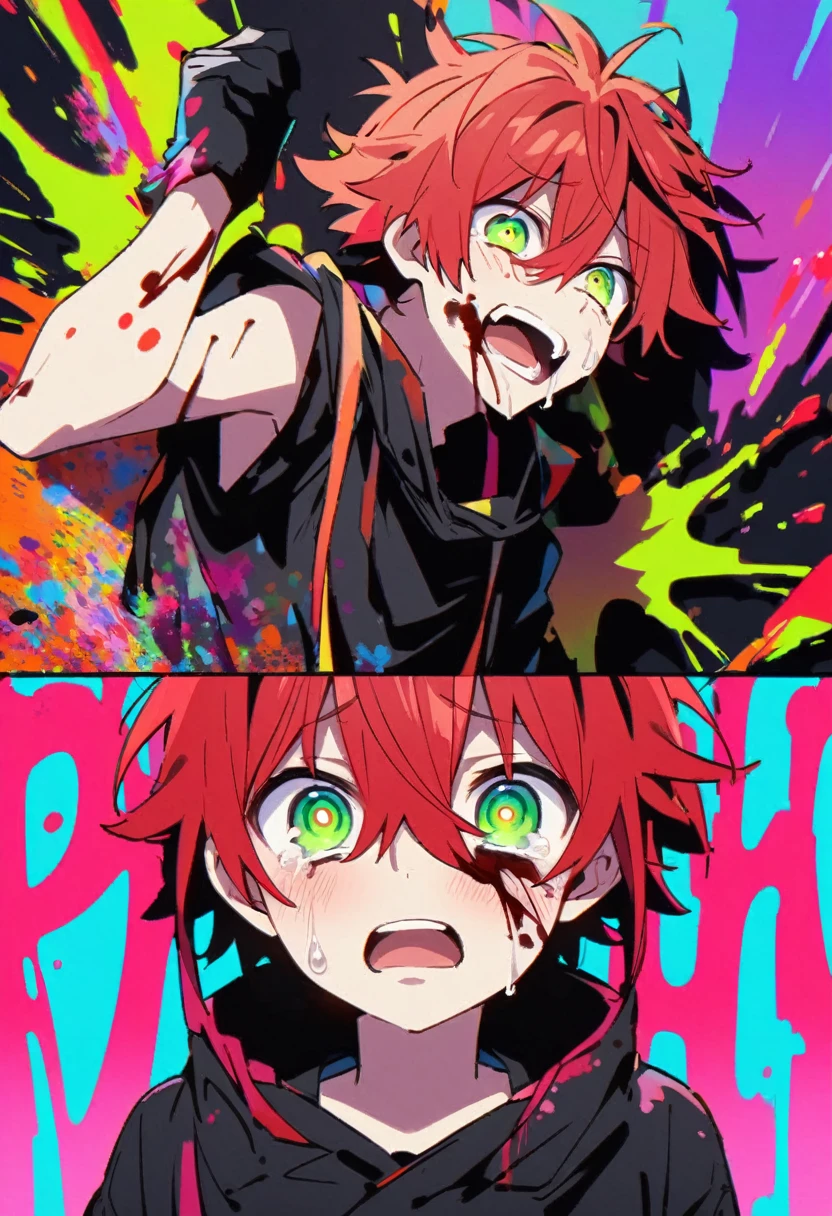 High resolution、Anime boy with red hair and green eyes looking at the camera.、bright Eyes、Wear black clothes、colorful background、my hair is messy、Shadow body、bleeding、blood splash、dying、Laugh、cry、crazed
