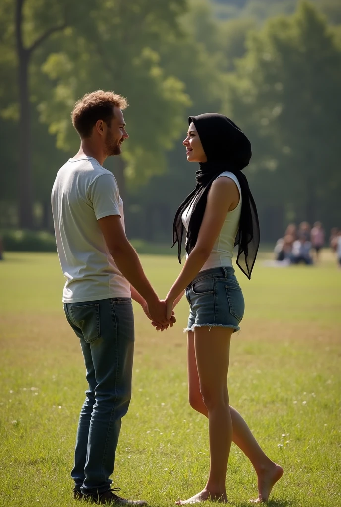 Black Headscarf at the Picnic, sexy, in jeans, skinny and short, Barefoot woman. Men touching women