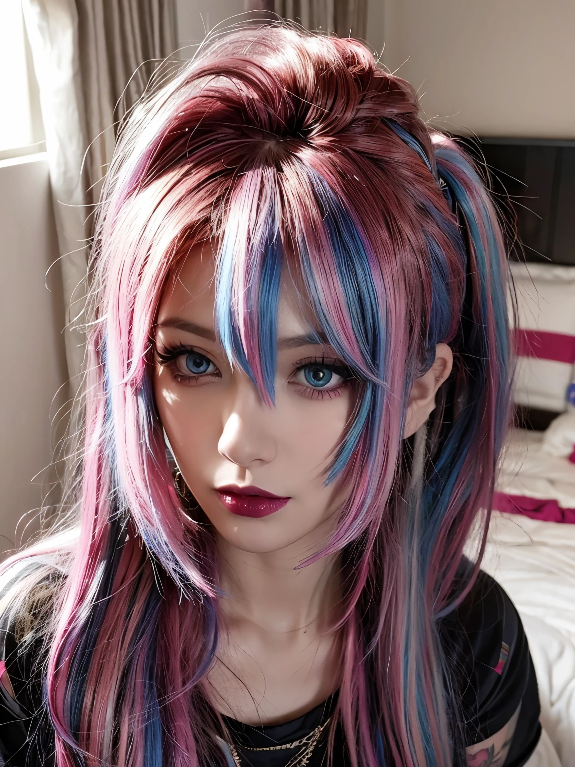 bedroom, messy hair, rainbow hair, alternative, glam rock, lipstick