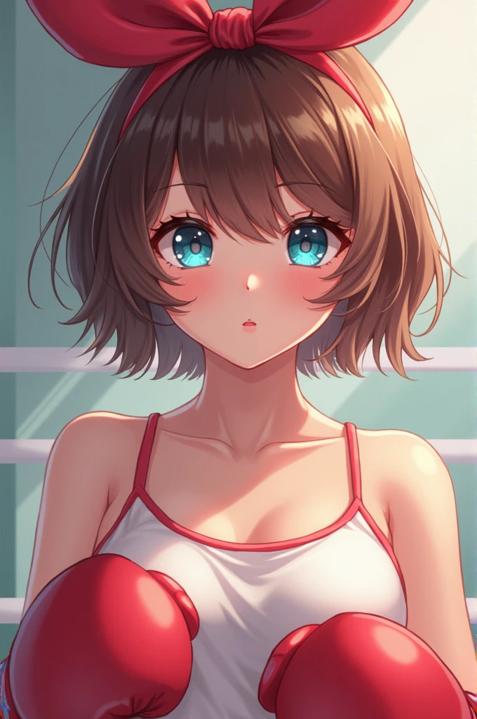 A 15-year-old female boxer, big breasts, short hair, Brown hair, pink lips with a sweet smile, blue eyes, Pale skin, with a bow on her head,  an adorable face 