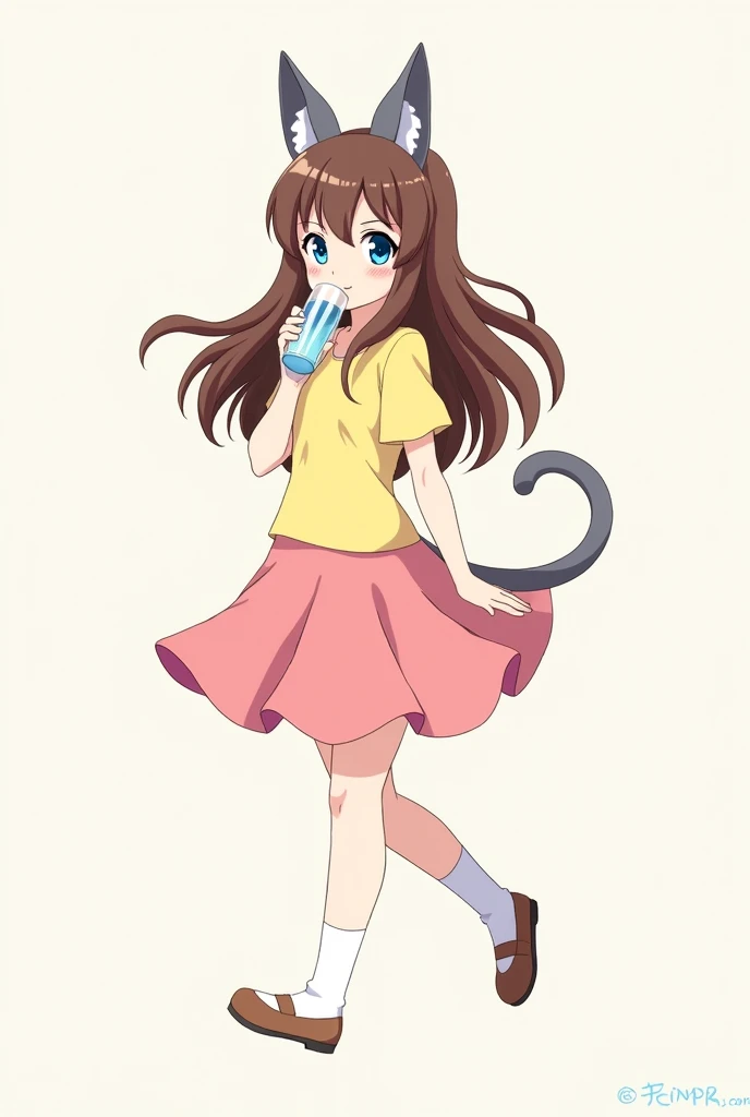 Create an anime style girl with brown hair, yellow t-shirt, pink skirt, Long white socks, blue eyes, white, with grey cat ears and drinking water