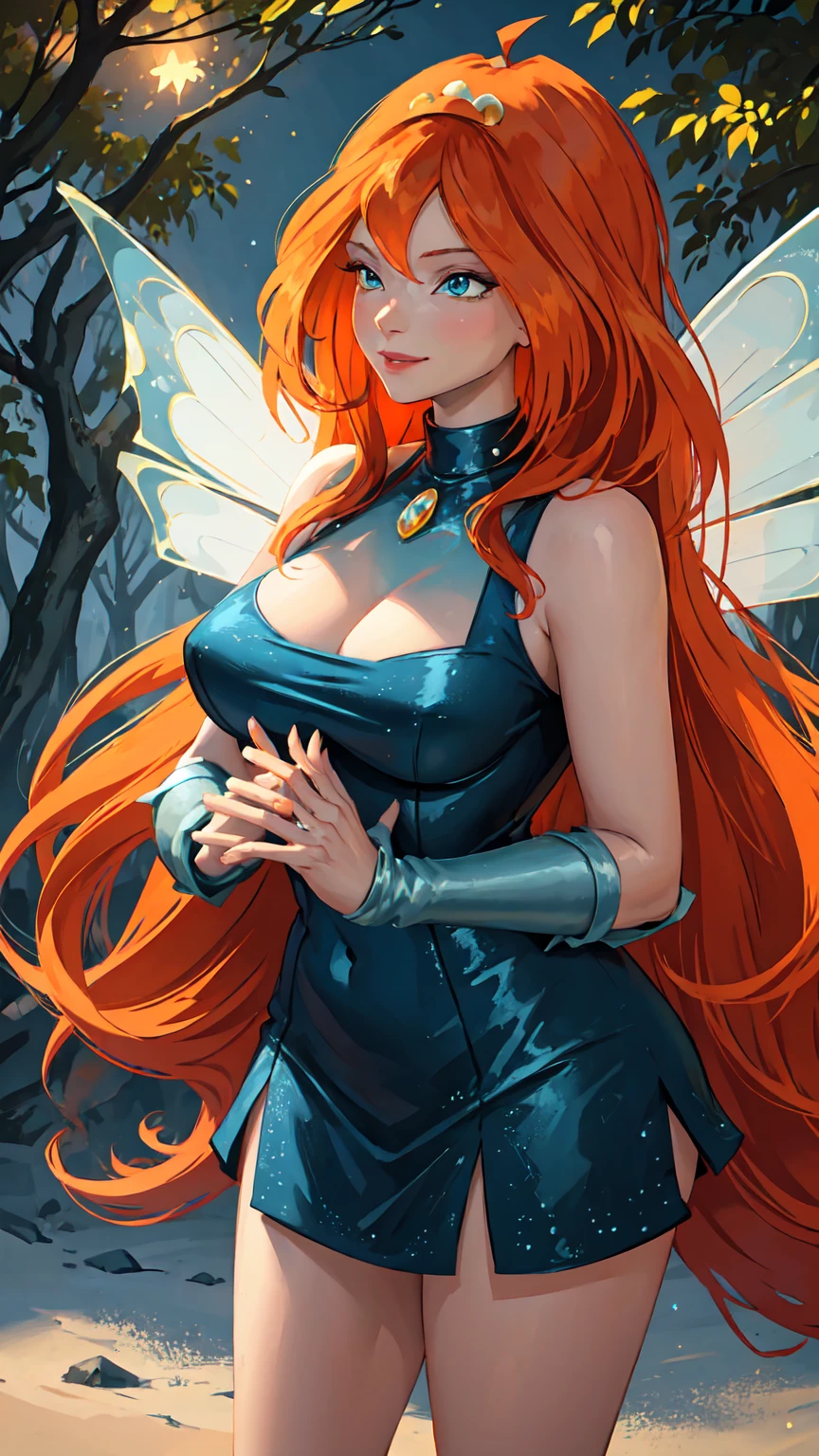 masterpiece, best quality, ultra-detailed, Bloom, milf, mature face, tall, thick, orange hair, blue eyes, bangs, long hair, fairy outfit, blue lingerie, sleeveless, blue skirt, sparkling clothing, fairy wings, tiara, standing, smile, in the forest, cowboy shot, realistic, volumetric lighting, intricate details, tonemapping, sharp focus, hyper detailed, Hot cleavage, Big breasts, 