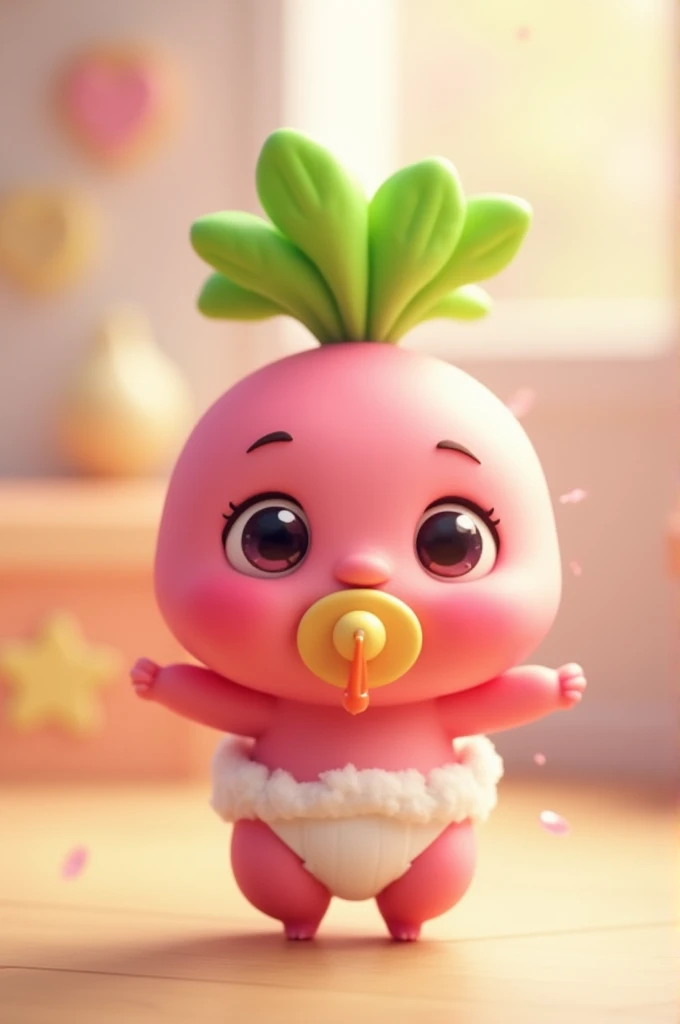 Create an animated radish that is a baby and very cute and small with a pacifier and diaper