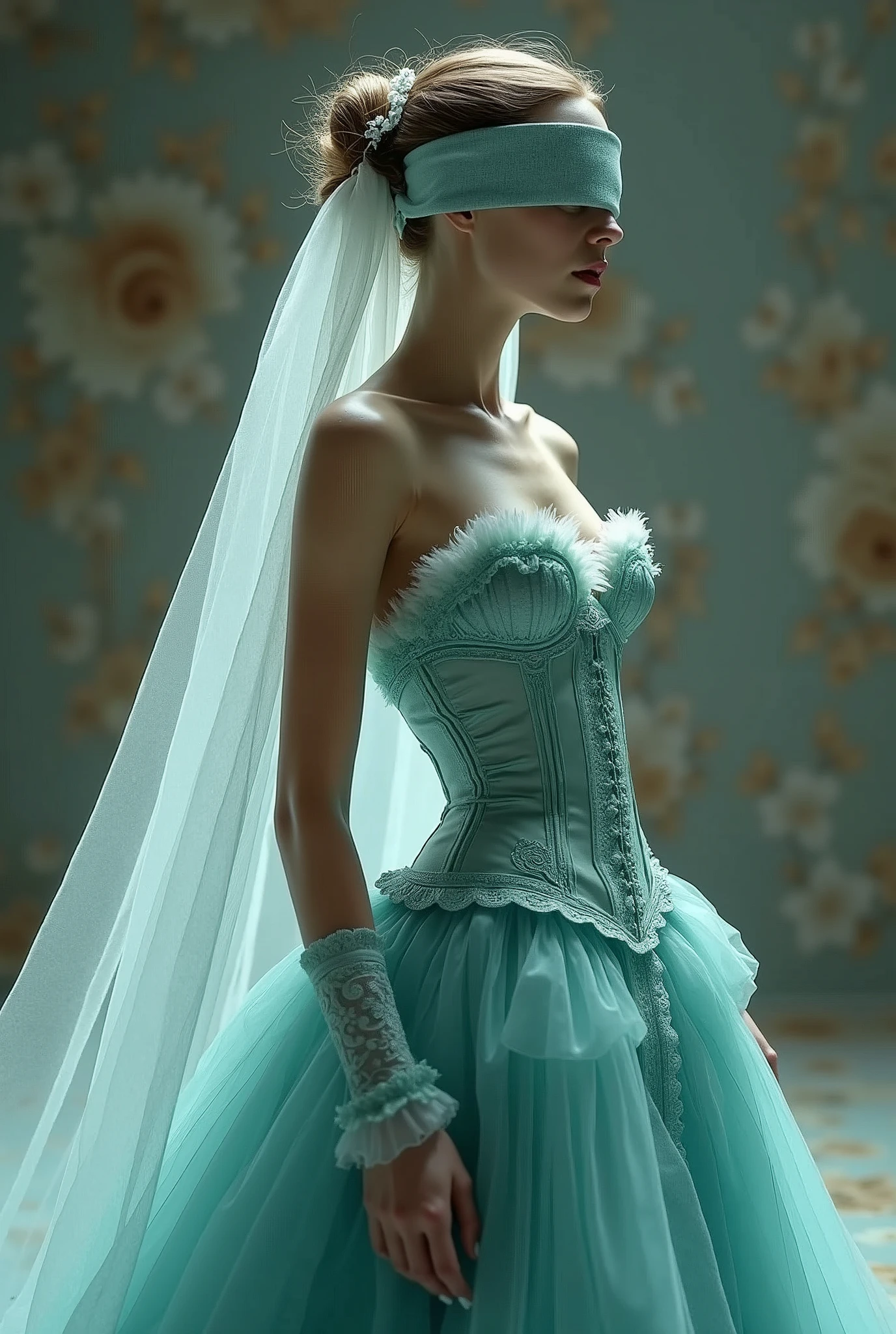 Bird´s-eye view, blindfolded White french woman with super extremly tight tiny waist and see through sheer turquoise corset, beautiful ta dress with petticoat, blindfolded and a long white veil, Bird´s-eye view, sf, intricate artwork masterpiece, ominous, matte painting movie poster, golden ratio, trending on cgsociety, intricate, epic, trending on artstation, by artgerm, h. r. giger and beksinski, highly detailed, vibrant, production cinematic character render, ultra high quality model