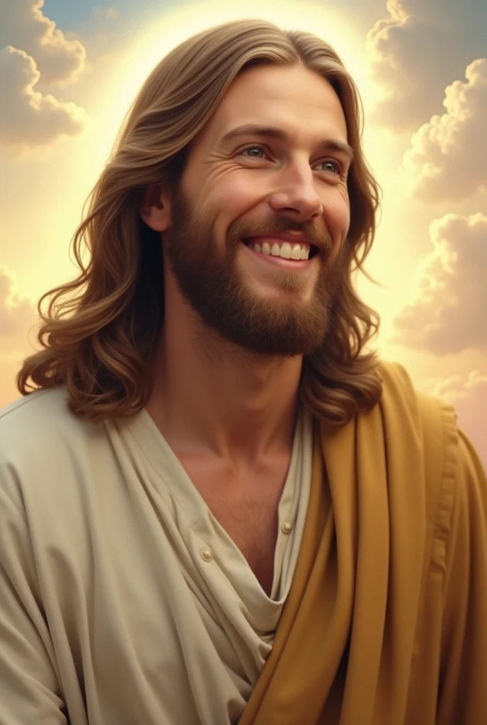 "Create an image of Jesus with a serene, welcoming smile. His expression should convey a deep sense of peace and a desire to offer love and guidance. Dress him in traditional clothing, such as a simple robe and shawl, in soft, soothing tones. The background could be a heavenly scene or a tranquil landscape that complements the sense of serenity. Jesus' smile should reflect a genuine desire for connection and comfort to those who see him."